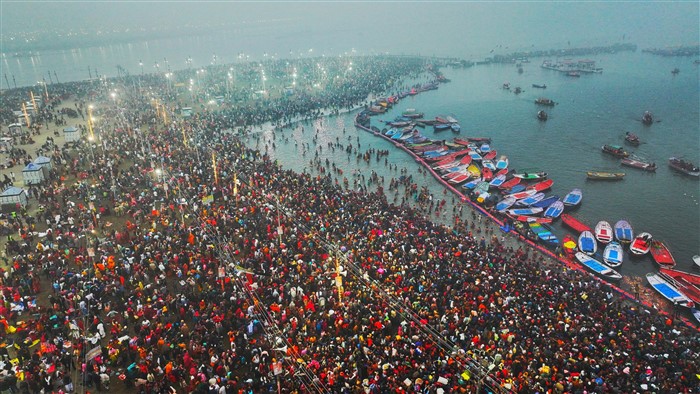 Devotees take a holy dip at Sangam during Maha Kumbh Mela 2025, in Prayagraj, Uttar Pradesh.