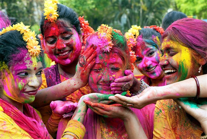 Young women celebrate 'Vasant Utsav 2025' in Kolkata, West Bengal, Friday, March 14, 2025.
