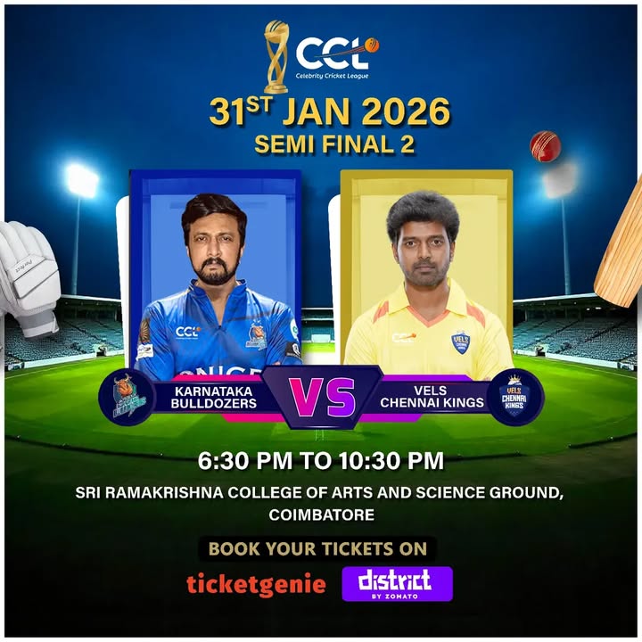 🔥 Semifinal 2 Blockbuster! 🔥
It’s Karnataka Bulldozers 💪 vs Vels Chennai Kings 👑 in a must-watch clash as both teams battle for a place in the grand finale!