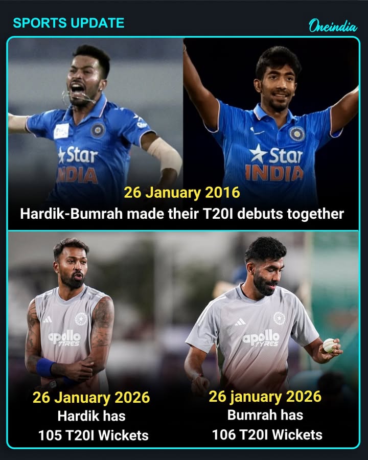 “One date, two legends, loads of wickets: Hardik–Bumrah, India’s T20 stars in 10 years.”