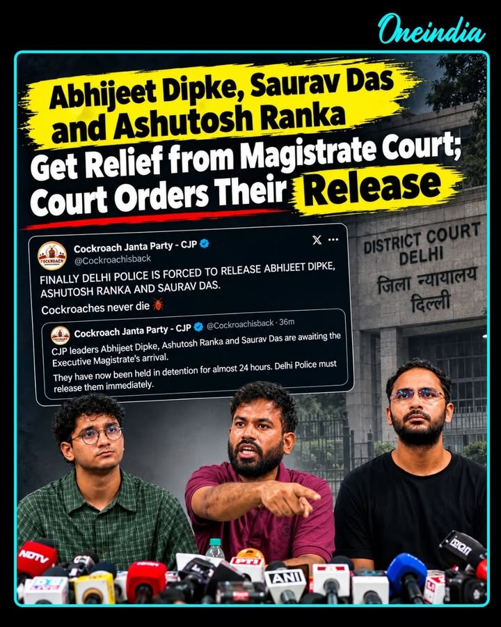 CJP leaders Abhijit Dipke, Sourav Das and Ashutosh Ranka have been released after receiving relief from the Magistrate Court. They were detained by Delhi Police earlier this morning under Sections 107/151 of the CrPC.
