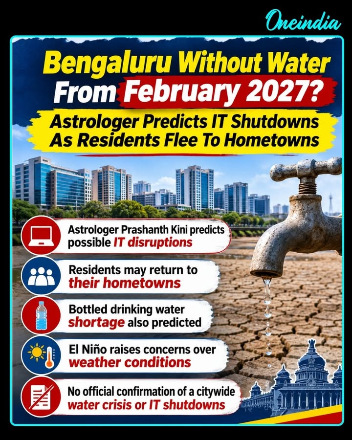 Bengaluru could face a water shortage from February 2027, with possible IT disruptions and bottled water scarcity, according to astrologer Prashanth Kini. However, no official assessment has confirmed these predictions.