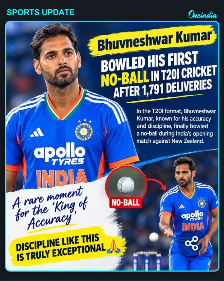 Bhuvneshwar Kumar’s remarkable streak of 1,791 deliveries without a no-ball in T20I cricket has come to an end. A rare moment for a bowler known for his accuracy and discipline!