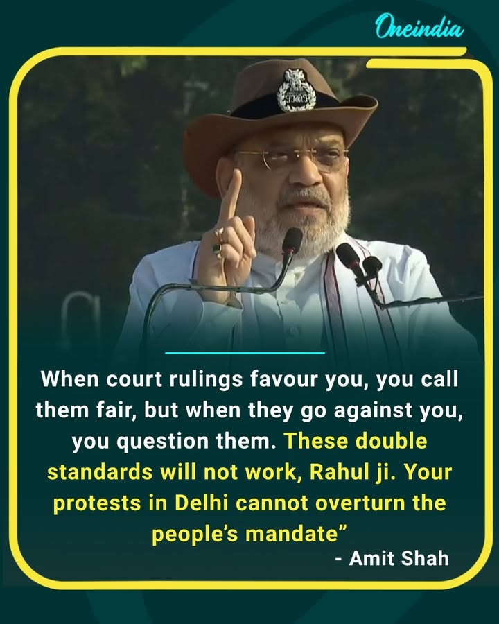 Amit Shah takes a swipe at Rahul Gandhi, accusing him of double standards over court verdicts and saying protests in Delhi cannot overturn the people’s mandate.