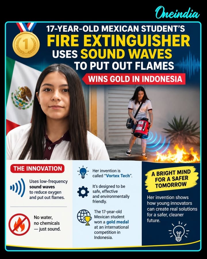 At just 17, Mexican student Ángela Karime Venegas Hernández has won gold at the International Science and Invention Fair in Indonesia for her invention, Vortex Tech. 🥇🔬
Her innovative fire extinguisher uses low-frequency sound waves to help put out flames instead of relying on water, foam or chemicals. After a year of development and five prototypes, the young inventor is bringing her idea to the international spotlight.
Venegas says the achievement reflects persistence, belief in ideas and the hard work needed to turn them into reality. 🚀