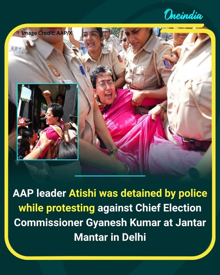AAP leader Atishi was taken into police custody during a protest against Chief Election Commissioner Gyanesh Kumar at Jantar Mantar, Delhi. The protest drew attention as AAP leaders raised concerns over the Election Commission.