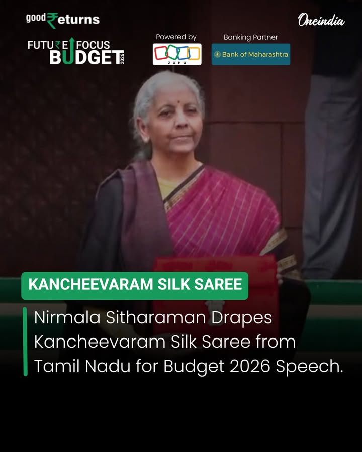 Finance Minister Nirmala Sitharaman chose a traditional Kancheevaram silk saree from Tamil Nadu for her Budget 2026 speech, blending elegance with India’s rich textile heritage.