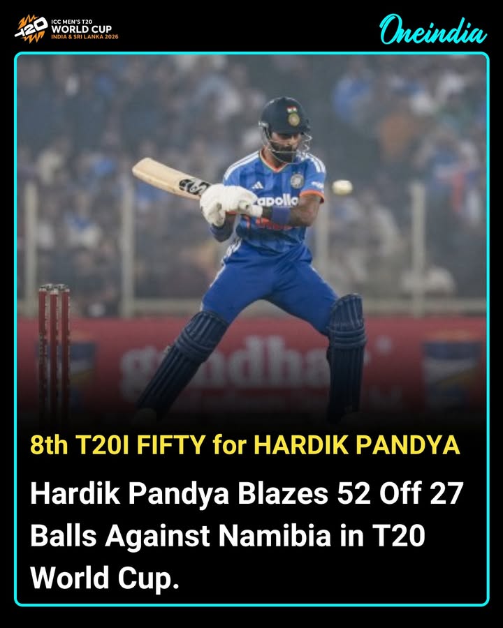 Hardik Pandya delivered a scintillating performance against Namibia in the T20 World Cup, scoring 52 runs off just 27 balls. His aggressive innings kept India in a strong position and thrilled the fans at Arun Jaitley Stadium.