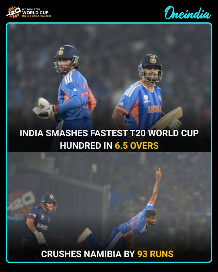 Indian batters made history by scoring the fastest team hundred in Men’s T20 World Cup, reaching the milestone in just 6.5 overs. Riding on their explosive batting, India dominated Namibia and won the match by a massive 93-run margin.