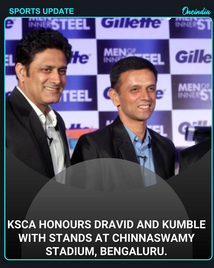 The Karnataka State Cricket Association has honoured Indian cricket legends Rahul Dravid and Anil Kumble by naming stands after them at Bengaluru’s iconic M Chinnaswamy Stadium, celebrating their lasting legacy in Indian cricket.