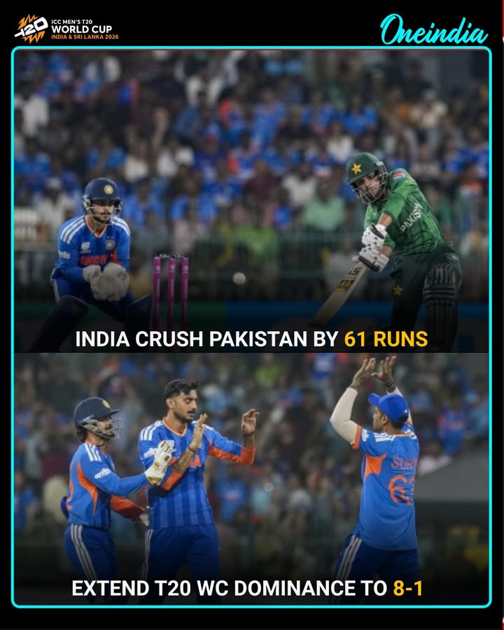 India national cricket team defeated Pakistan national cricket team by 61 runs, extending their T20 World Cup record against Pakistan to 8 wins out of 9 meetings.