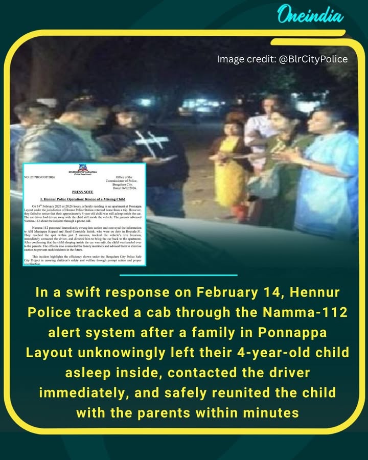 Quick action by Hennur Police saved the day as a sleeping child left in a cab was safely traced and returned to the parents in record time.