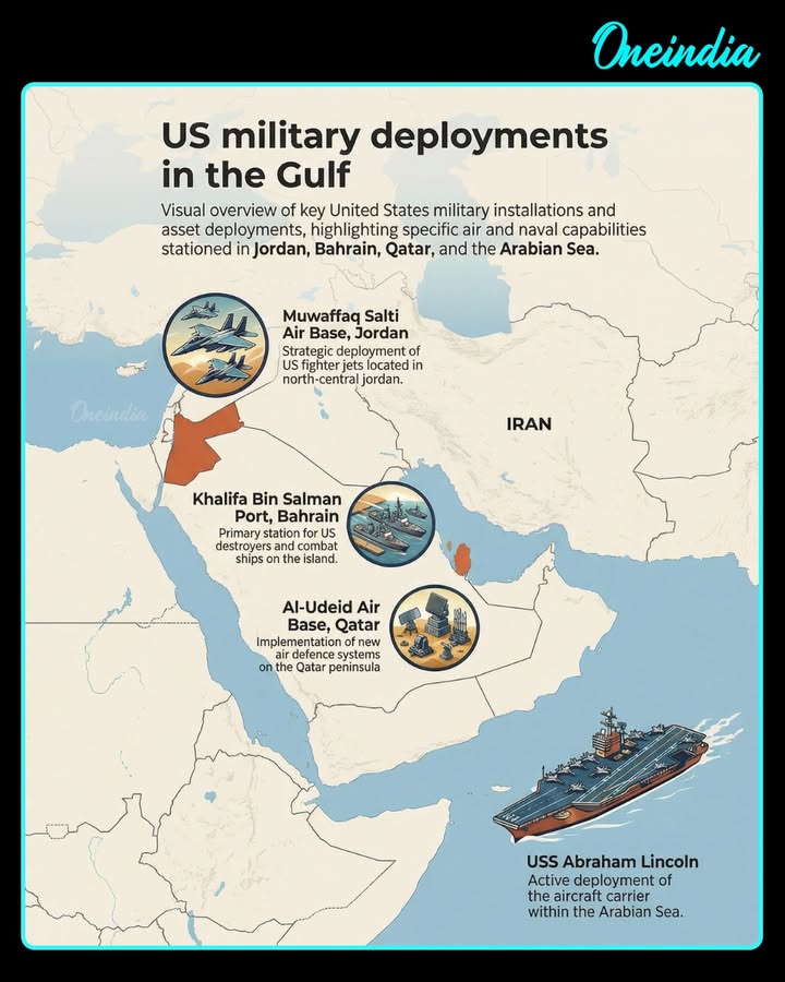 The United States has significantly strengthened its military presence near Iran, deploying more than 50 fighter jets, advanced warships, and missile defence systems in the region. This massive military buildup comes amid growing tensions over Iran’s nuclear program and regional security concerns in the Middle East. The move is seen as a strategic warning and a show of force, as global powers closely monitor the escalating geopolitical situation and its potential impact on international stability.