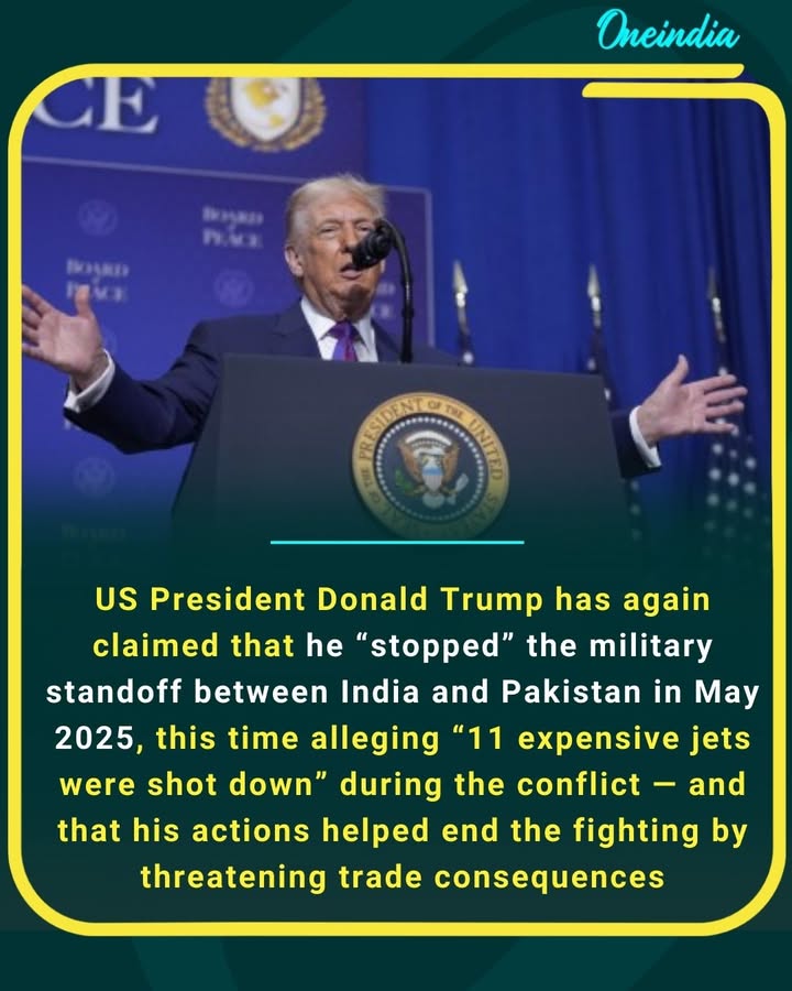 Trump repeats claim of halting India-Pakistan conflict, alleges 11 jets were shot down.