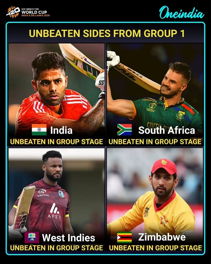 Dominance in Group 1! India, South Africa, West Indies, and Zimbabwe remain UNBEATEN in the group stage of the ICC Men’s T20 World Cup 2026. The race to the knockout stage is getting intense!