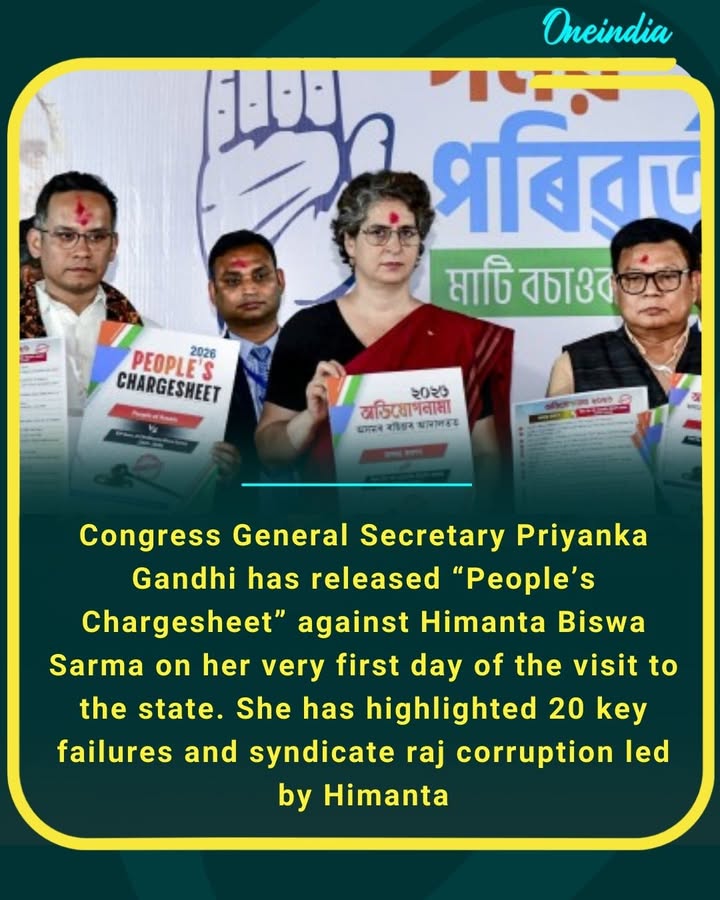 Congress General Secretary Priyanka Gandhi released the “People’s Chargesheet” against Assam CM Himanta Biswa Sarma on her first day of the state visit, highlighting 20 key failures and alleging syndicate raj and corruption