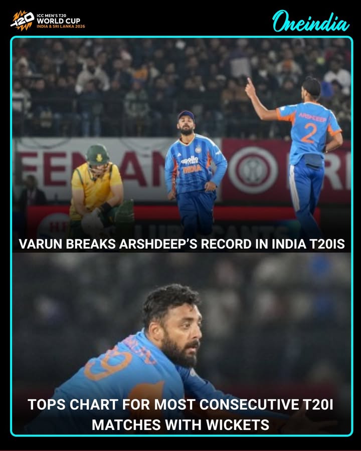 Varun Chakravarthy broke the record of Arshdeep Singh in T20Is by becoming the bowler with the most consecutive matches taking wickets for India national cricket team.