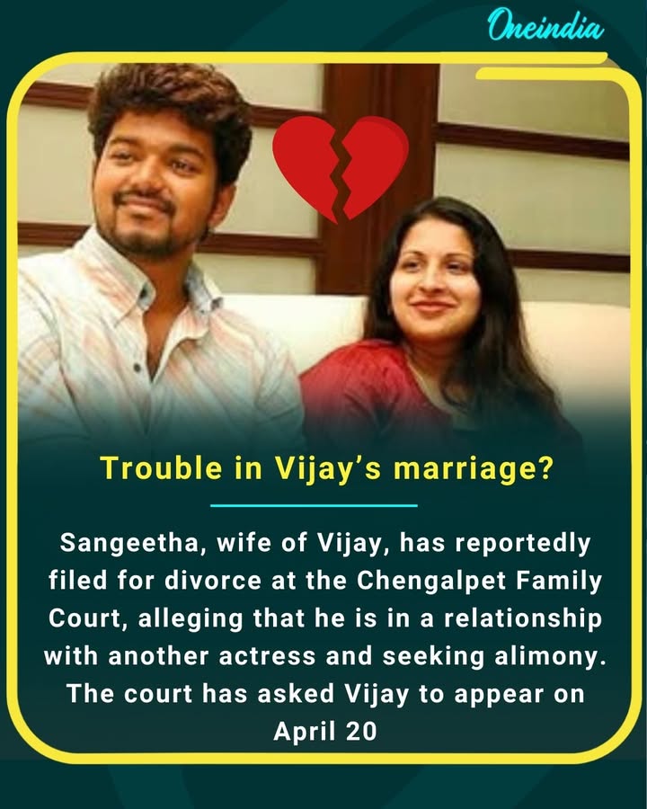 Trouble in Vijay’s paradise? Divorce petition filed, serious allegations made, and a court date set for April 20.