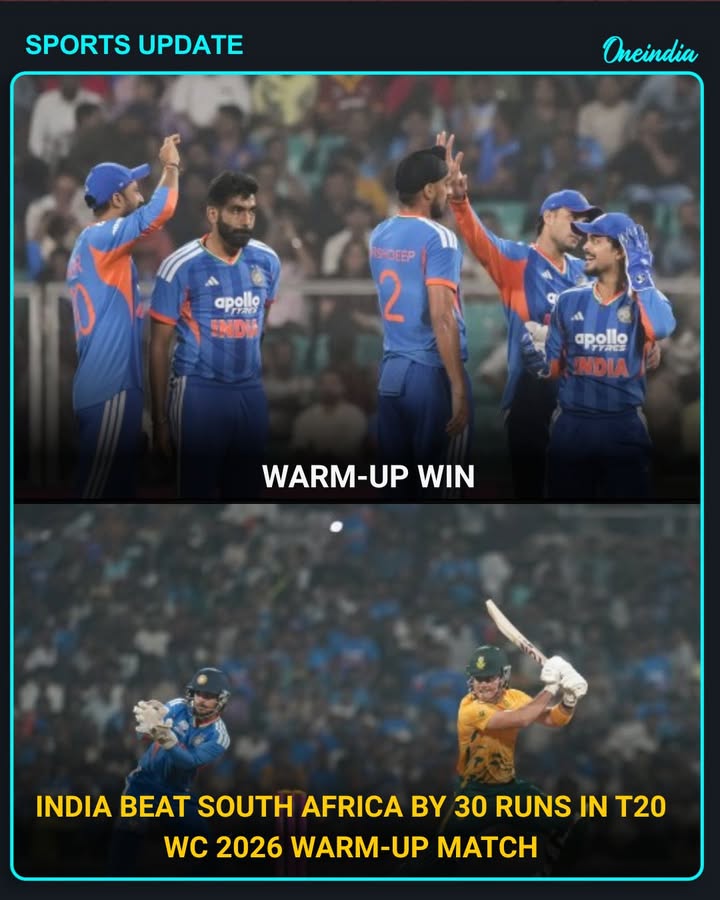 India (240/5) beat South Africa (210/7) by 30 runs in T20 World Cup warm-up match in Navi Mumbai.