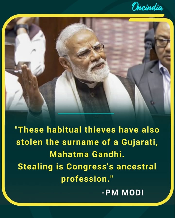 PM Modi launches a sharp attack on Congress, accusing the party of habitual dishonesty and claiming they even “stole” the Gandhi surname, calling theft their ancestral profession.