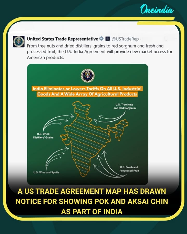 A map released by the US trade representative showing the India–US interim trade agreement has drawn attention online for depicting all of Jammu and Kashmir—including PoK and Aksai Chin—as part of India, differing from earlier US maps and appearing amid renewed India–US engagement.