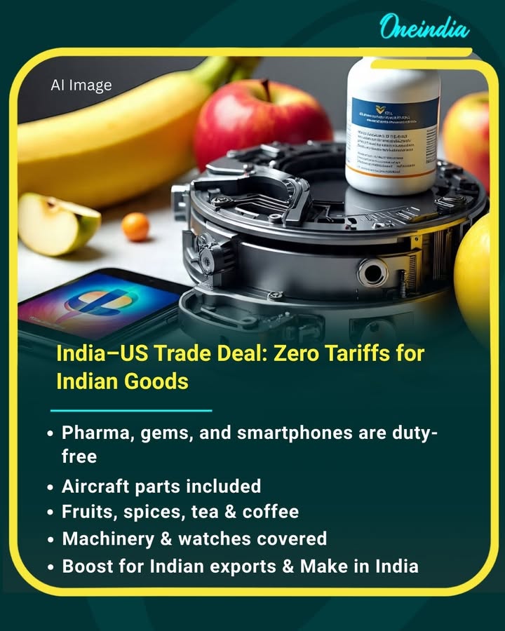 India scores a major win in the India–US trade deal as several Indian goods will now enter the American market with zero tariffs. From pharmaceuticals and electronics to gems, aircraft parts, and agricultural products like fruits, spices, tea and coffee, this move is expected to boost Indian exports and strengthen trade ties between the two nations. A big step for Make in India on the global stage