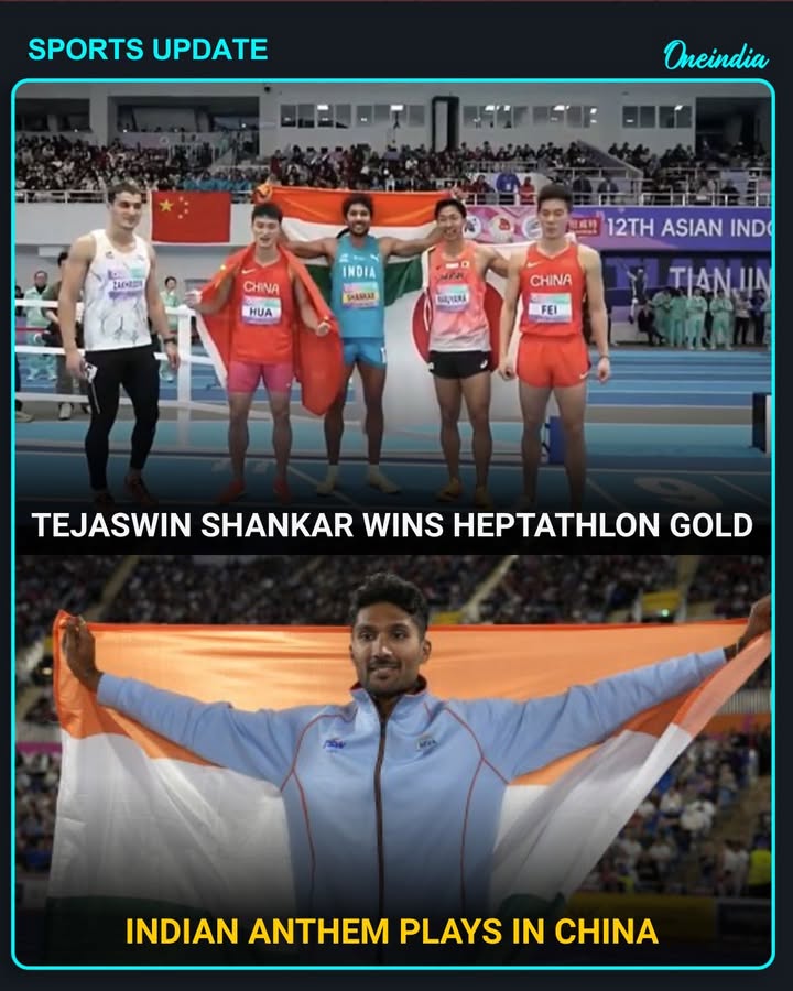 Tejaswin Shankar clinches GOLD in the Men’s Heptathlon at the Asian Indoor Athletics Championships 2026, as the Indian national anthem resounds in Tianjin.