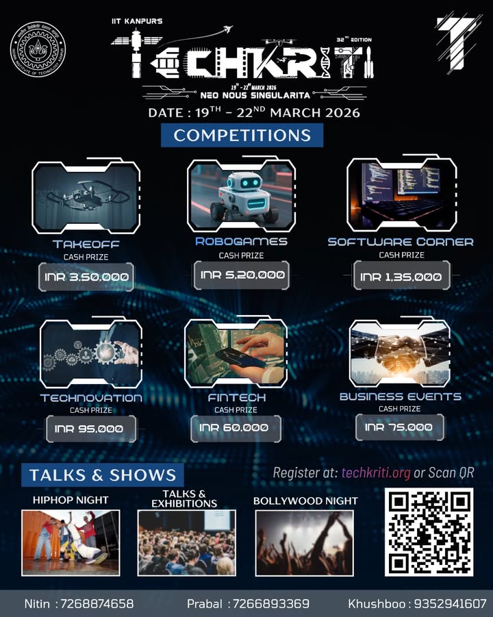 Asia’s largest technical and entrepreneurial festival Techkriti returns! Join Techkriti’26 at Indian Institute of Technology Kanpur from March 19–22 for innovation, tech talks, and competitions.