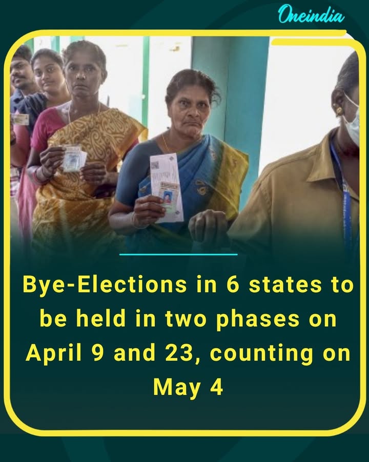 Election Commission of India announces bypolls in six states; voting to take place in two phases on April 9 and April 23, with results on May 4.