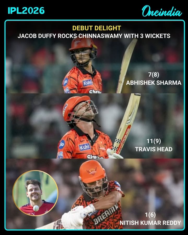 Jacob Duffy makes an impressive IPL debut with 3 wickets in 14 balls at the Chinnaswamy Stadium. Wickets claimed include Abhishek, Head, and Nitish Reddy, marking a memorable start to his IPL journey.
