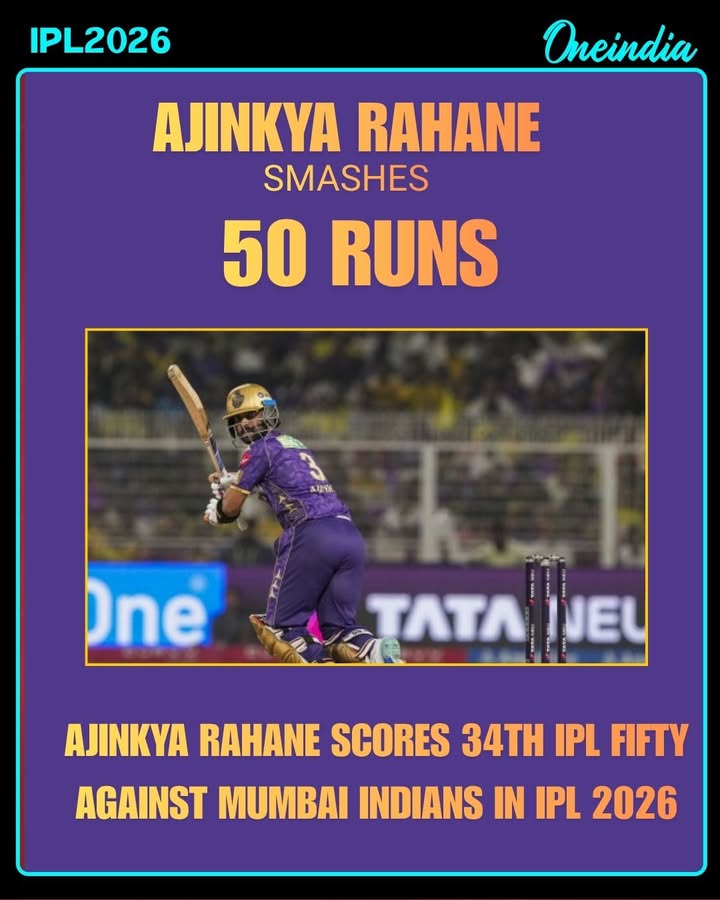 Ajinkya Rahane achieved his 34th IPL fifty while facing Mumbai Indians in IPL 2026. Rahane’s composed innings helped stabilize the innings for his team, showcasing his experience and consistency in the T20 format.