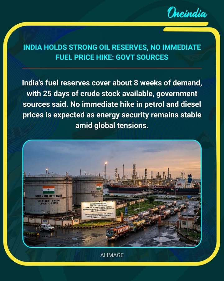 India currently holds around 25 days of crude and fuel stocks, with total oil reserves covering nearly eight weeks, government sources said. Authorities confirmed there is no immediate hike in petrol and diesel prices, as energy security remains stable amid global tensions. The government is also exploring alternative crude and gas supplies to ensure steady imports.