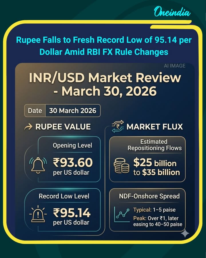 Rupee Hits Record Low of 95.14 Against Dollar After Reserve Bank of India FX Rule Changes