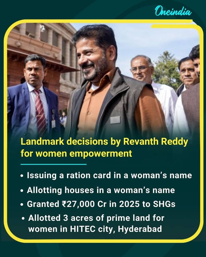 Strong steps toward women empowerment!  Under the leadership of Revanth Reddy, major decisions aim to strengthen women’s financial independence and leadership — from ration cards and housing in women’s names to massive support for SHGs and dedicated land in HITEC City