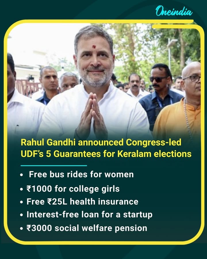 Rahul Gandhi unveils Congress-led UDF’s 5 major guarantees for the Kerala elections, focusing on women’s support, healthcare, startups, and social welfare
