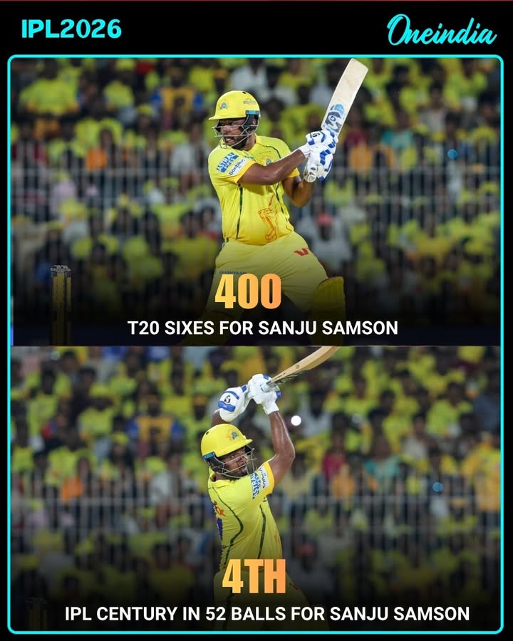 Sanju Samson reaches 400 T20 sixes + 4th IPL century (52 balls)