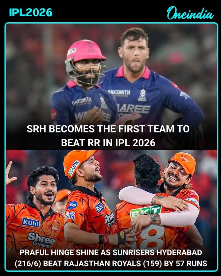 Sunrisers Hyderabad created history by becoming the first team to defeat Rajasthan Royals in IPL 2026, securing a commanding 57-run victory after posting 216/6 and restricting RR to 159. Praful Hinge delivered a standout performance, playing a key role in SRH’s dominant win and continuing his impressive rise in the tournament.