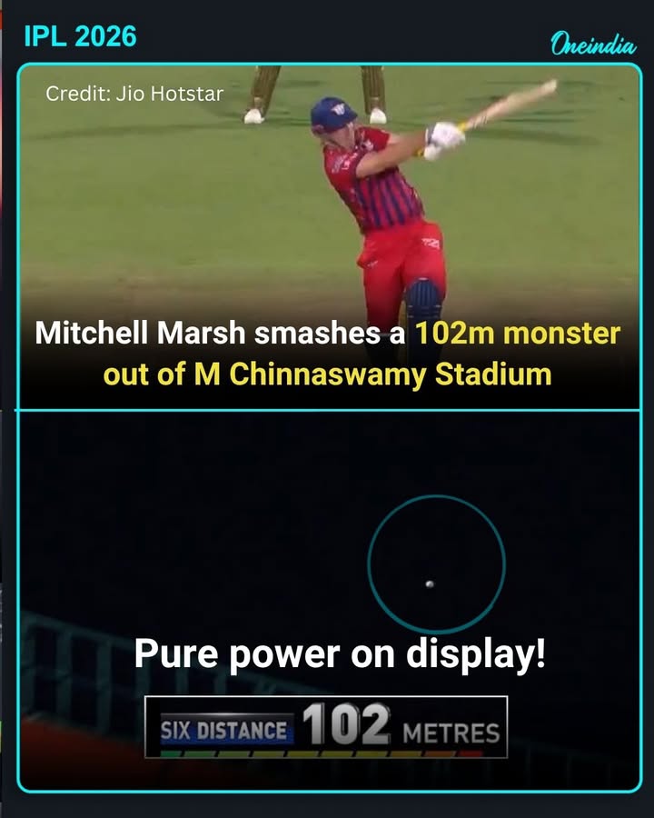 Mitchell Marsh launches a massive 102m six that sails completely out of the M Chinnaswamy Stadium.