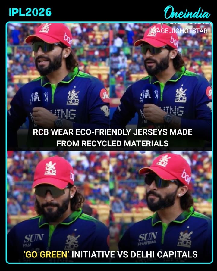 Royal Challengers Bengaluru are wearing their special green jerseys made from recycled materials during their match against Delhi Capitals, as part of their ‘Go Green’ initiative. The move highlights the franchise’s commitment to sustainability and raising awareness about environmental conservation.
