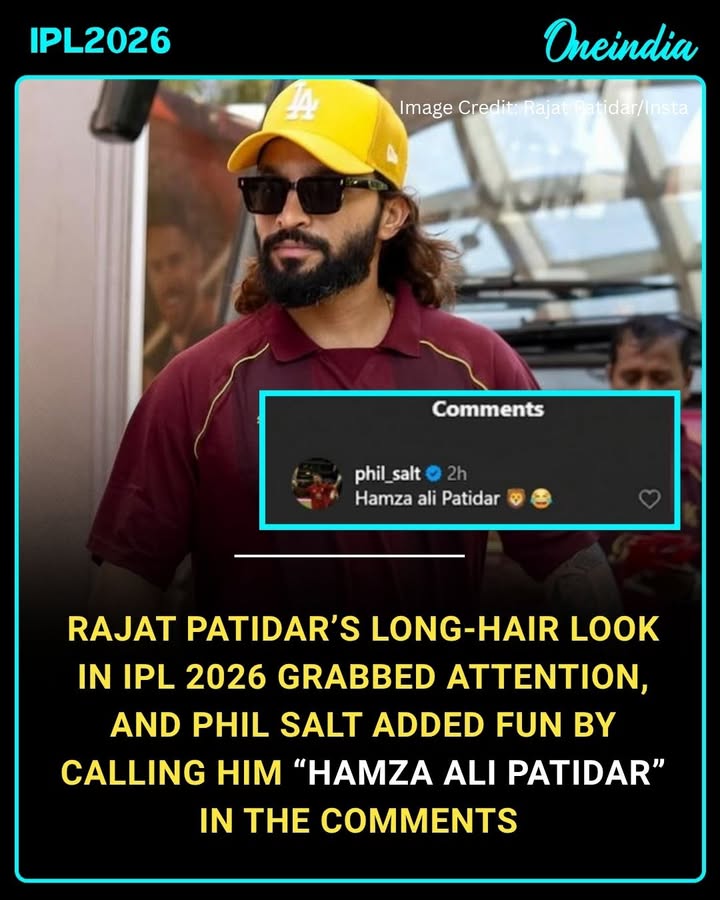 Rajat Patidar, captain of Royal Challengers Bengaluru, has been seen sporting long hair in IPL 2026. Recently, Patidar shared a photo on social media. On this post, his teammate Phil Salt made a hilarious comment, calling him “Hamza Ali Patidar.”