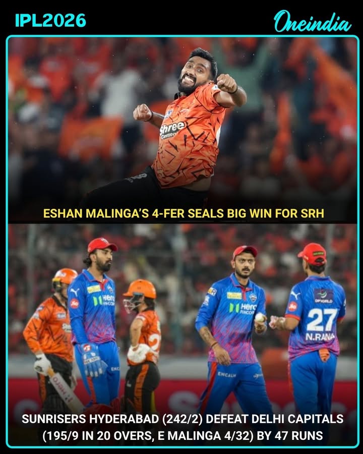 Eshan Malinga delivered a sensational four-wicket haul to help Sunrisers Hyderabad secure a commanding 47-run victory over Delhi Capitals, playing a key role in sealing the win.