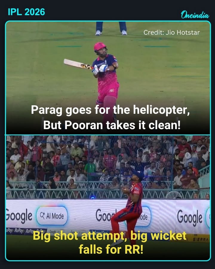 Riyan Parag goes for the helicopter shot but his effort goes straight into the hands of Nicholas Pooran as the RR skipper walks back.