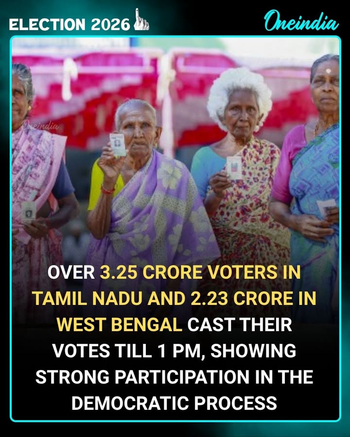 Massive voter turnout continues as over 3.25 crore people cast their votes in Tamil Nadu and 2.23 crore voters participate in West Bengal till 1 PM.
