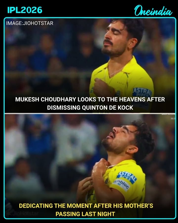 In an emotional moment on the field, Mukesh Choudhary looked to the heavens after dismissing Quinton de Kock, dedicating the wicket to his mother who passed away just a day earlier.