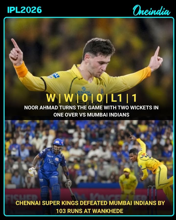 Chennai Super Kings (207/6) defeat Mumbai Indians (104 in 19 overs, A Hossain 4/17) by 103 runs in IPL 2026