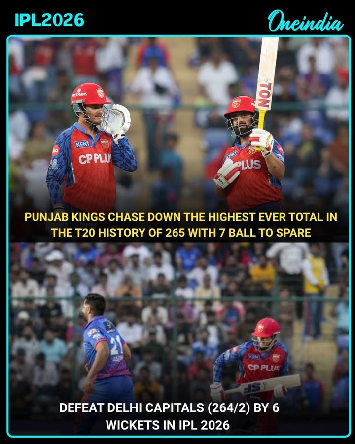 Punjab Kings created history by chasing down a mammoth 265 against Delhi Capitals, finishing at 265/4 in just 18.5 overs. Despite DC posting a massive 264/2, PBKS delivered a sensational batting performance to complete the highest successful run chase in Indian Premier League history.