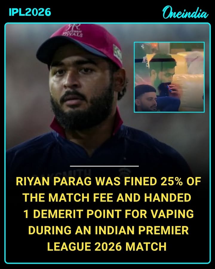 Riyan Parag has been fined 25% of his match fee and handed 1 demerit point after being found guilty of vaping during an Indian Premier League 2026 match. The incident was deemed a breach of the league’s code of conduct, which strictly prohibits smoking or vaping activities during matches and inside restricted areas. Parag admitted to the offence and accepted the sanction imposed by the match referee, adding a disciplinary mark to his record for the season.