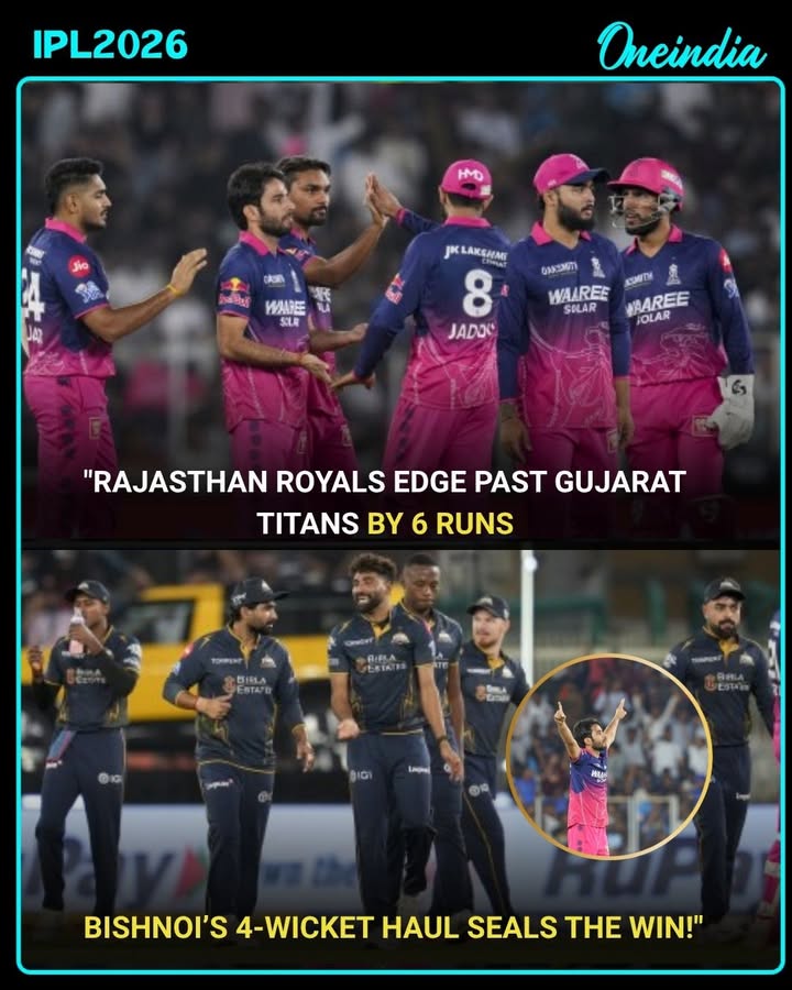In a thrilling IPL 2026 clash, Rajasthan Royals posted 210/6 and managed to defend it, defeating Gujarat Titans who scored 204/8 in 20 overs. Ravi Bishnoi starred with the ball, taking 4 crucial wickets for 41 runs, turning the game in Royals’ favor and securing a narrow 6-run victory.