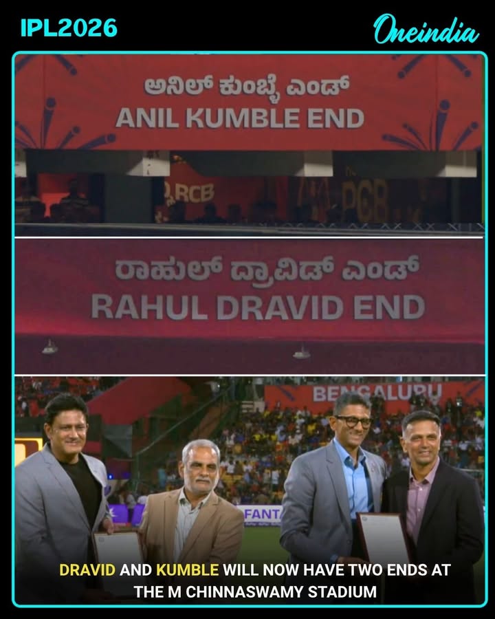 Anil Kumble and Rahul Dravid were officially honoured at M. Chinnaswamy Stadium, with the stadium ends named after them in recognition of their legendary contributions to Indian cricket.