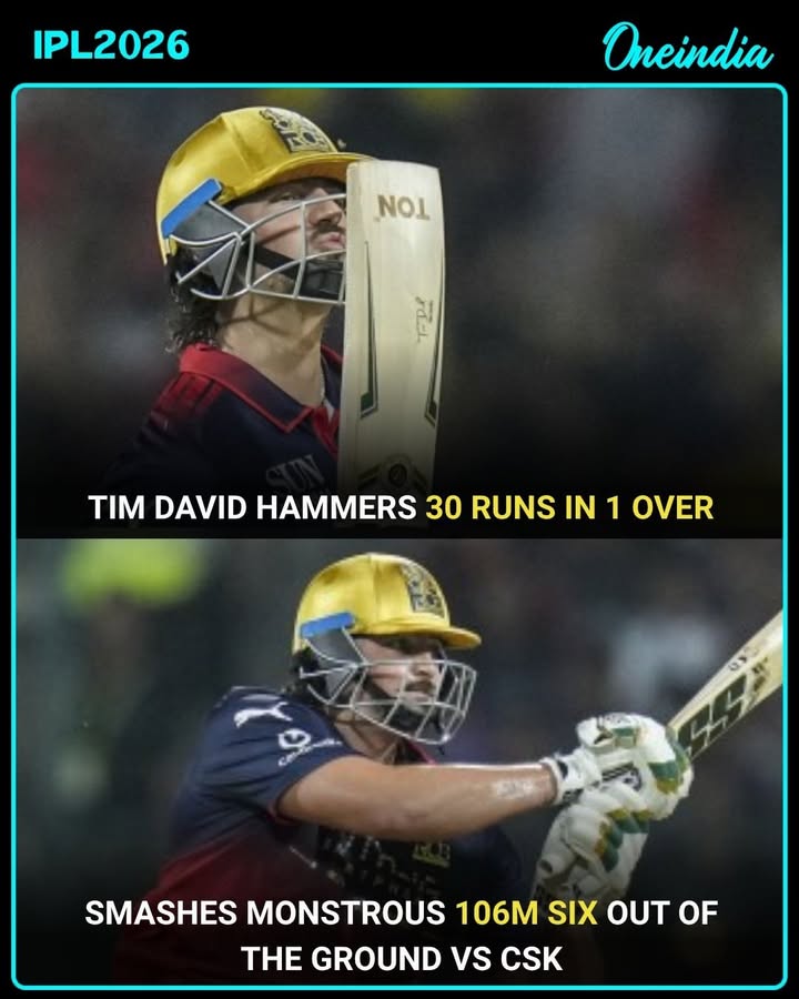 Tim David turned heads in the RCB vs CSK clash by smashing 30 runs in a single over, including a monstrous 106m six that left the stadium in awe.